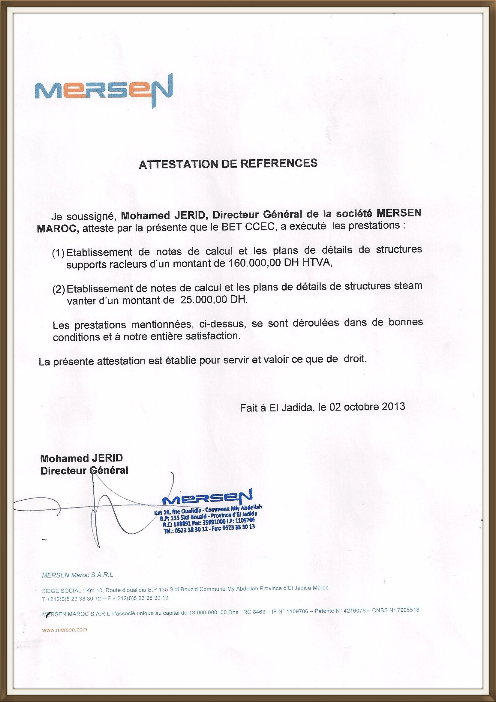 MERSEN ATTESTATION DE RÉFÉRENCE 10-2013