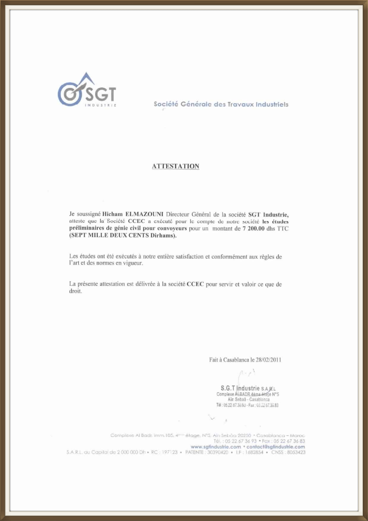 SGT INDUSTRIE ATTESTATION DE RÉFÉRENCE 02-2011 A