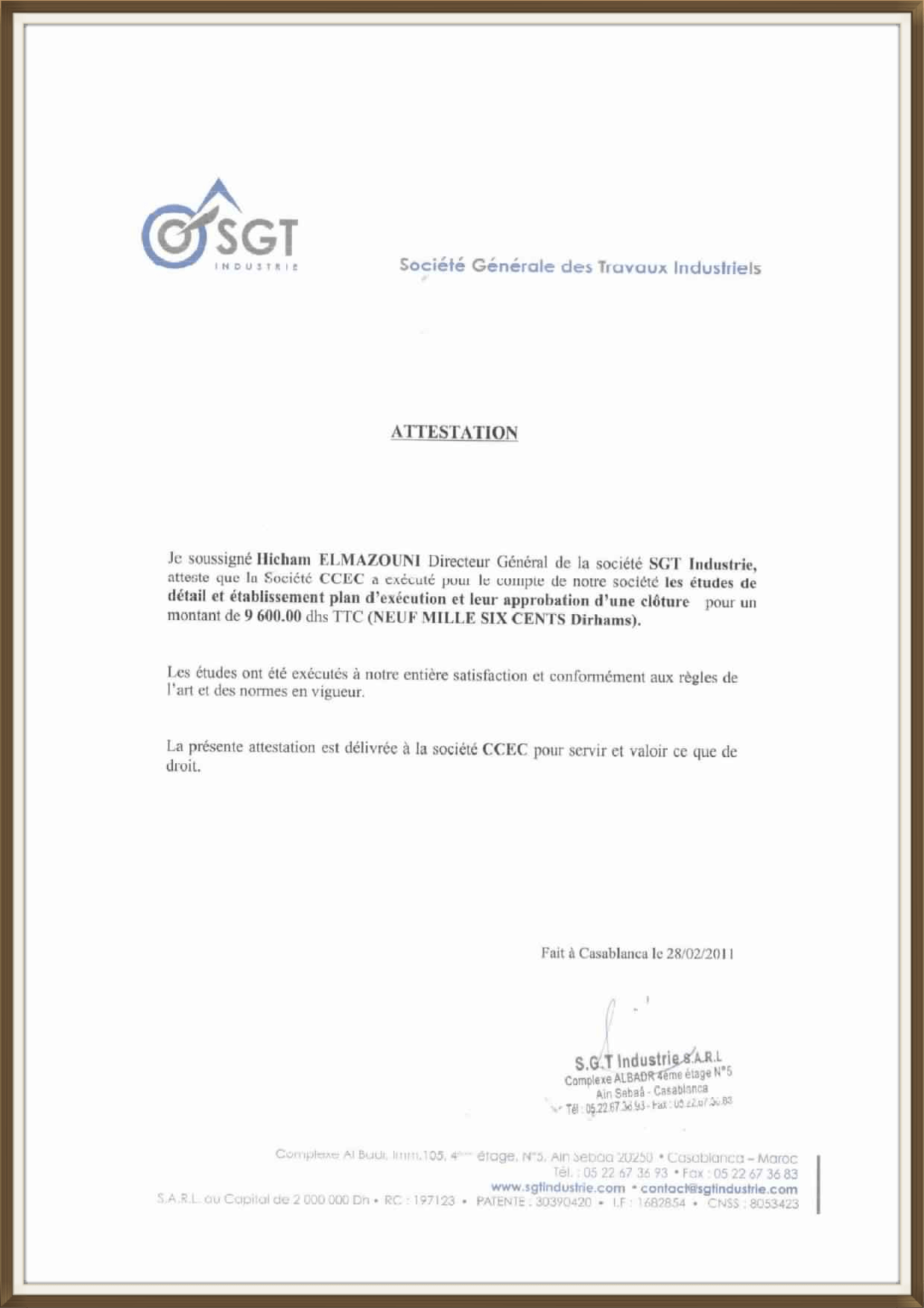 SGT INDUSTRIE ATTESTATION DE RÉFÉRENCE 02-2011 B