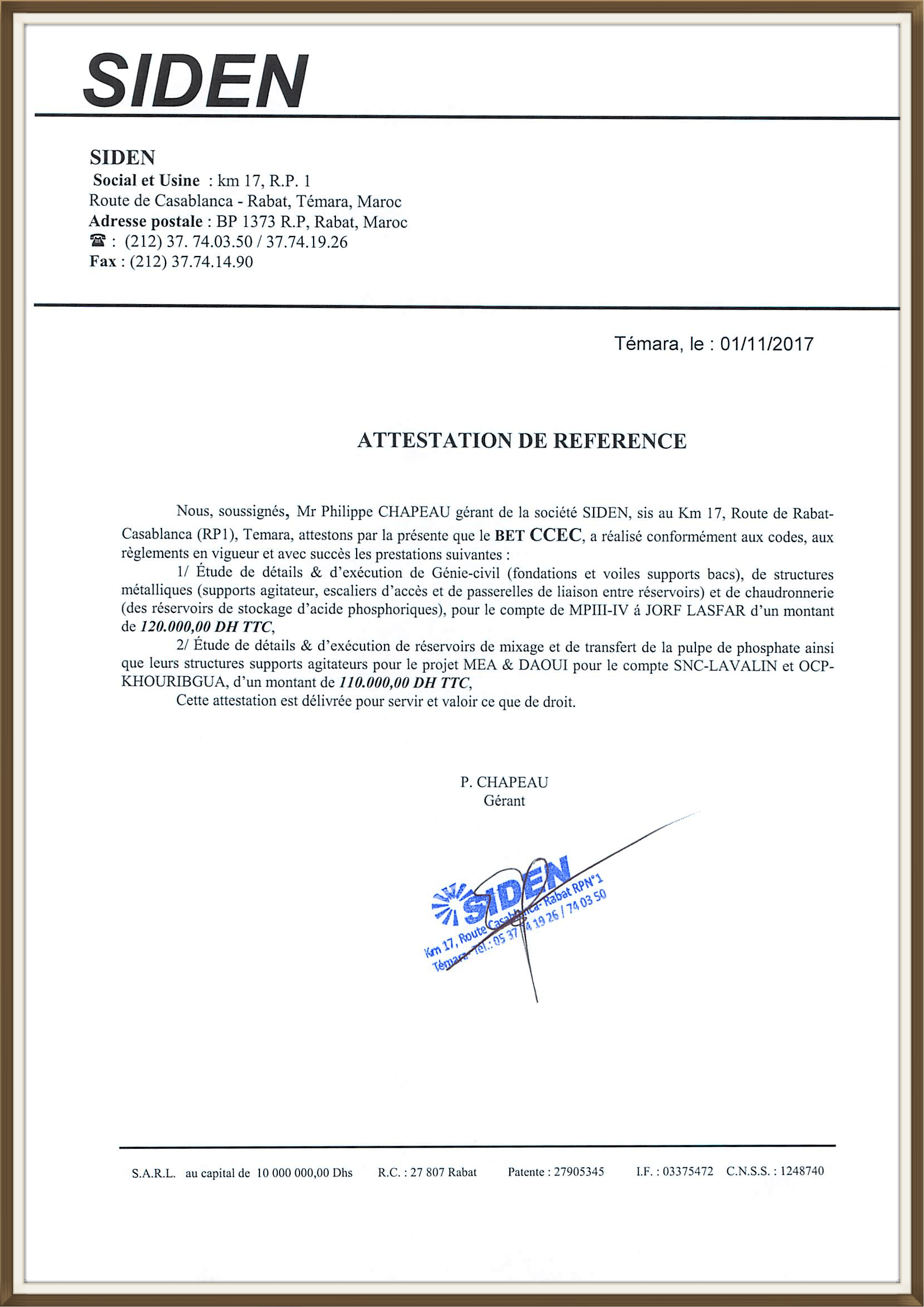 SIDEN ATTESTATION DE RÉFÉRENCE 11-2017