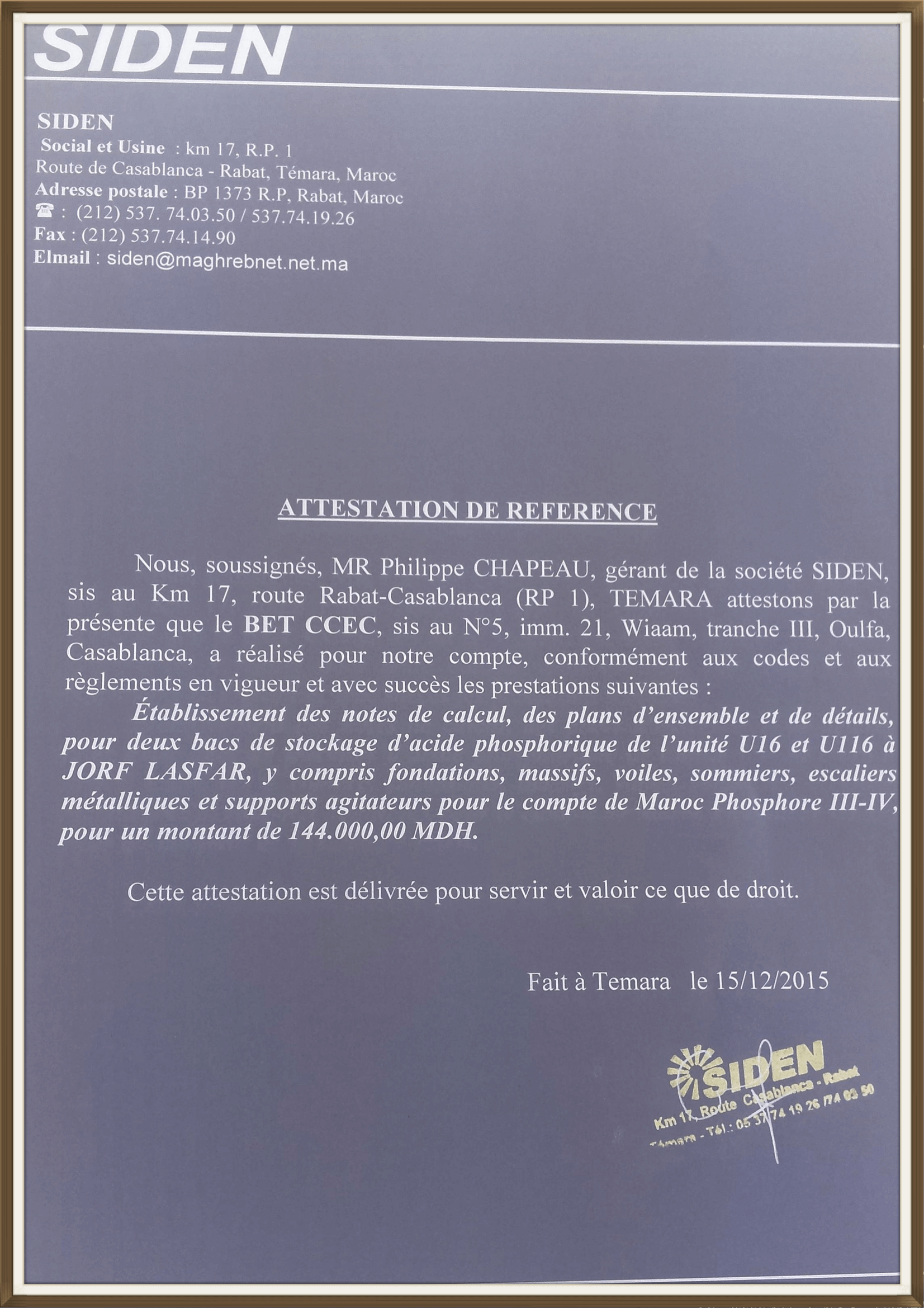 SIDEN ATTESTATION DE RÉFÉRENCE 12-2015