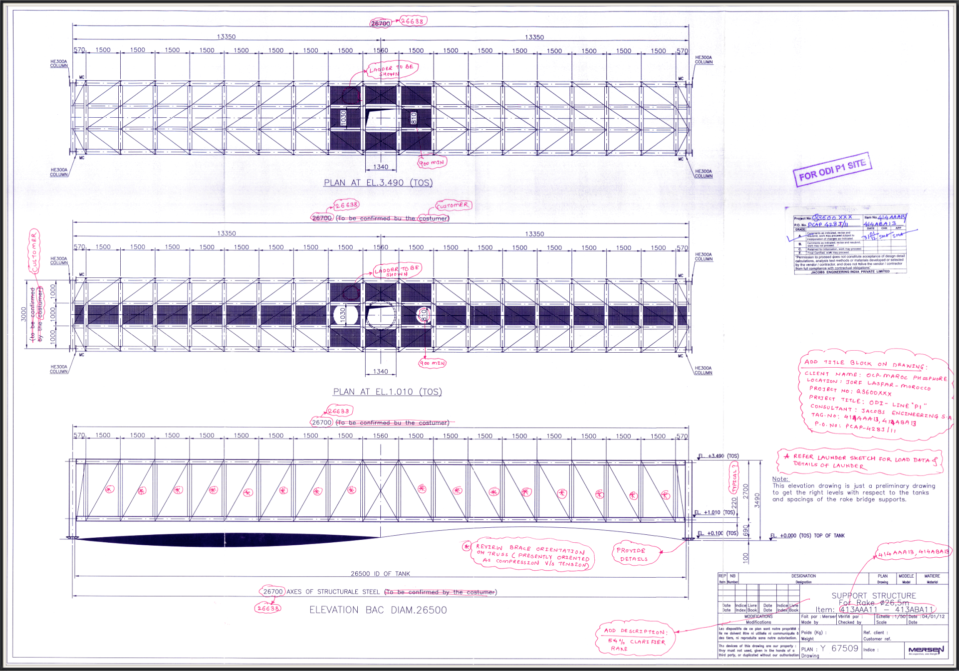 Dimensionnement de structures en charpente métallique, rack (pont) support agitateur de réservoir de 24 m de diamètre