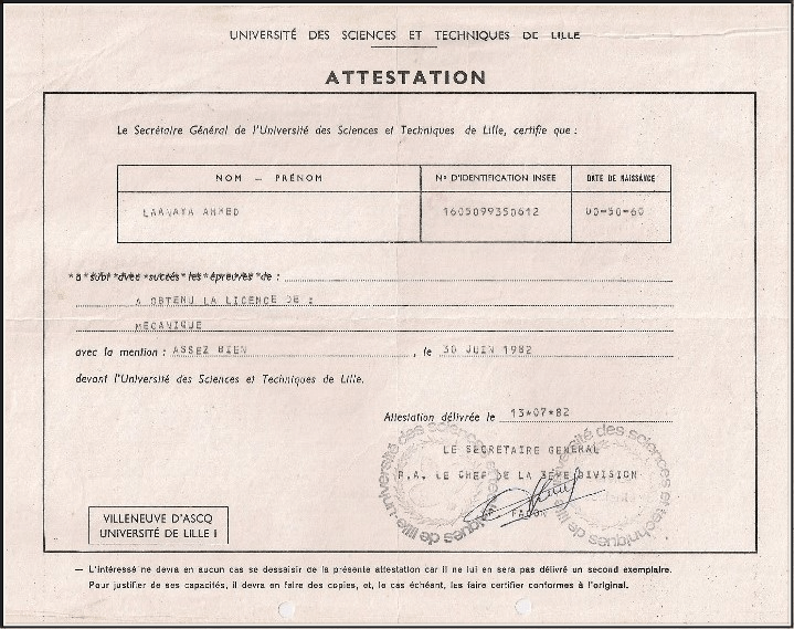 LICENCE DE MÉCANIQUE DE L'UNIVERSITÉ DES SCIENCES ET TECHNIQUES DE LILLE